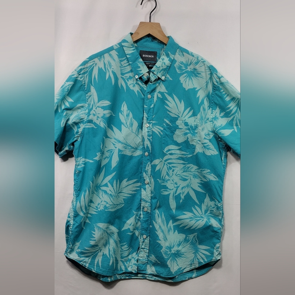 Bonobos Floral Hawaiian Shirt Men's XL Blue Green Beach Vacation Retro 90s Y2K